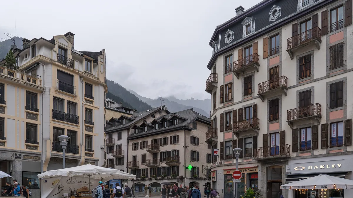 Mont Blanc massif rising above the village of Chamonix