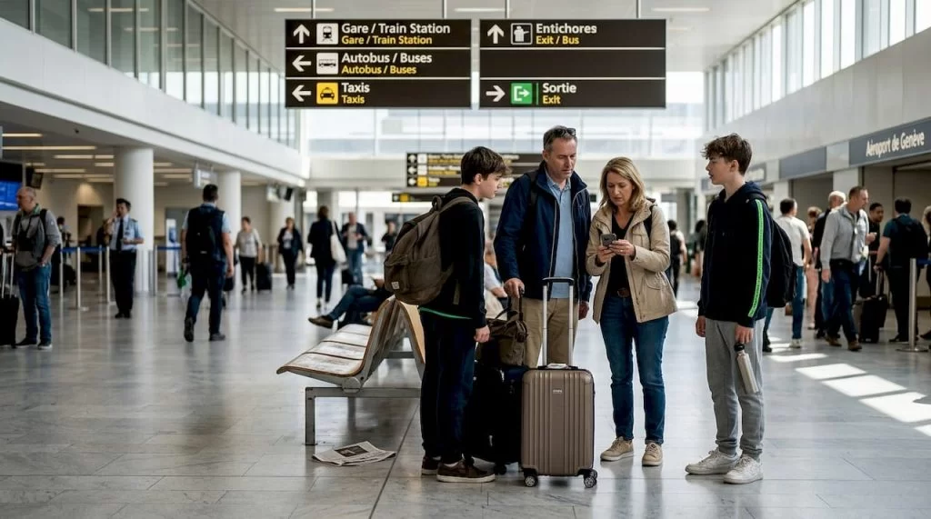 Family checking transfer options at Geneva Airport