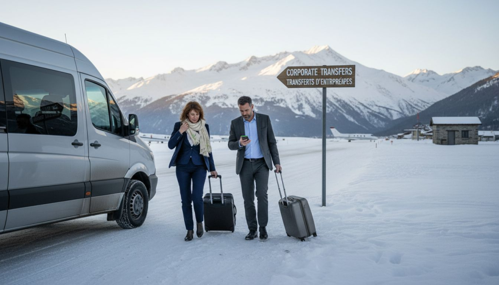 Business travelers arriving at alpine airport transfer