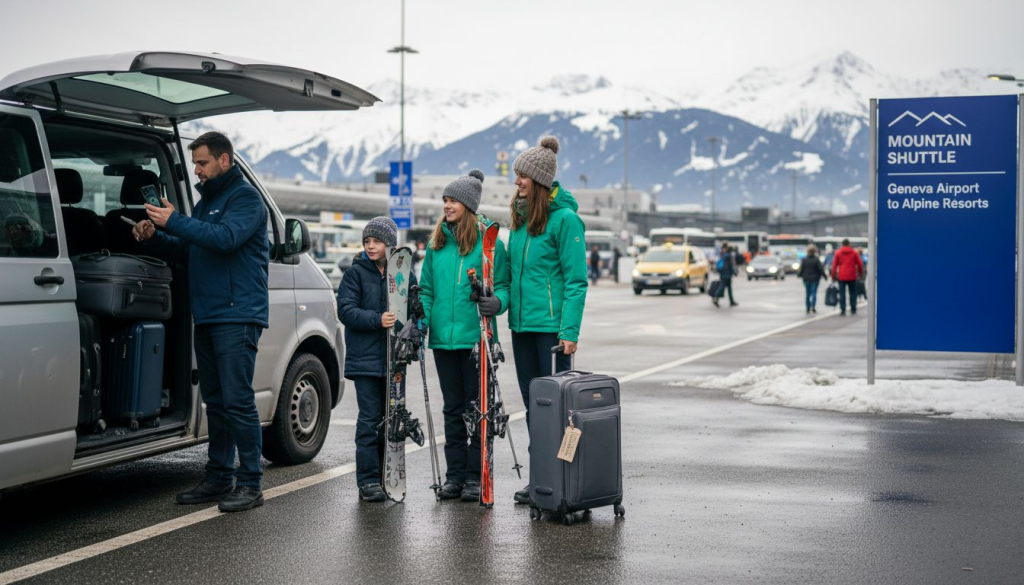 Family waiting for airport transfer with Alps in background