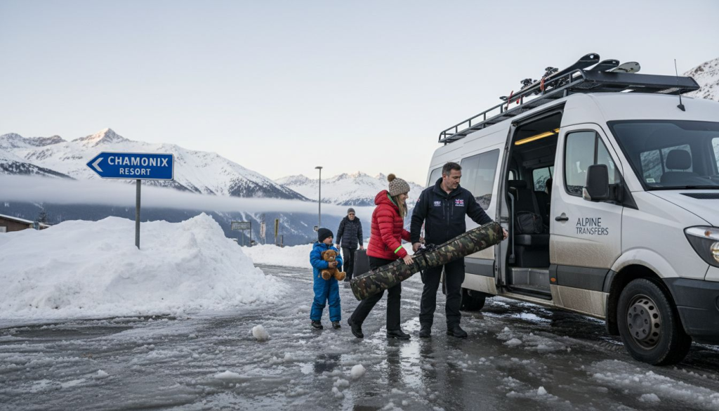 Family unloading at snowy alpine train station