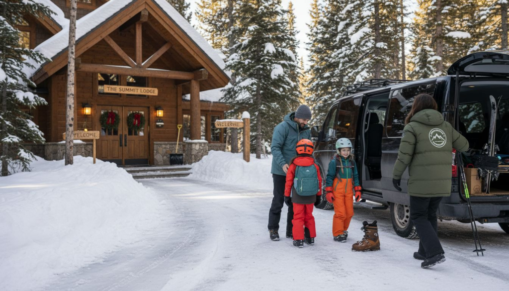 Family arrives via private ski transfer in Alps