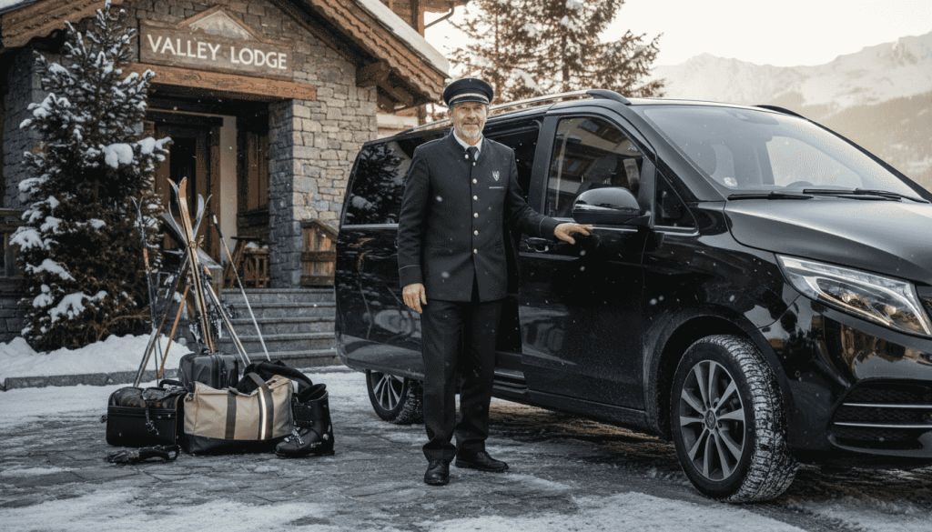 Driver opening luxury van at snowy chalet