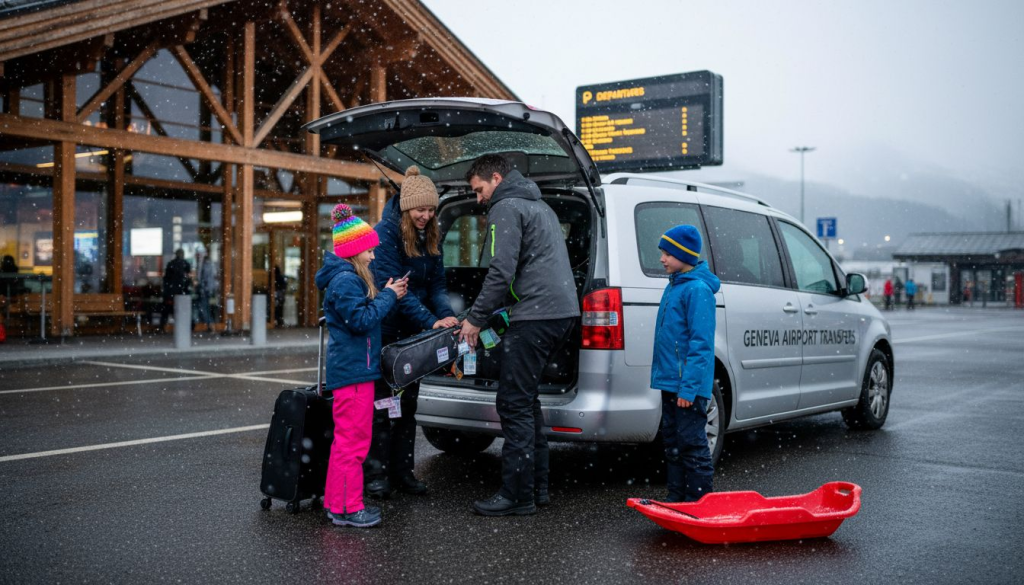Family loading ski gear into airport minivan