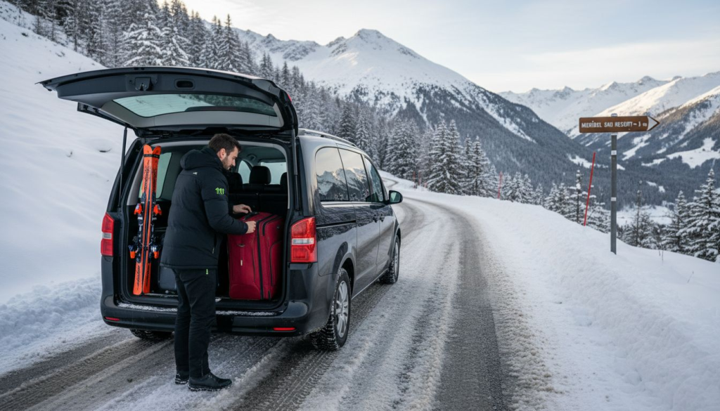 Driver loads skis into van on snowy mountain road