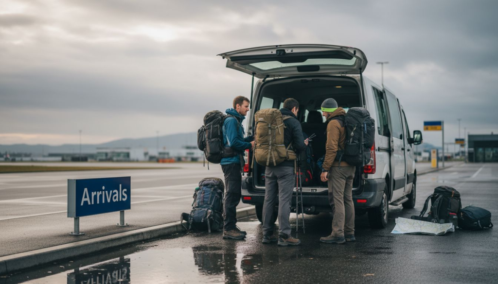 Hikers loading gear into airport shuttle van