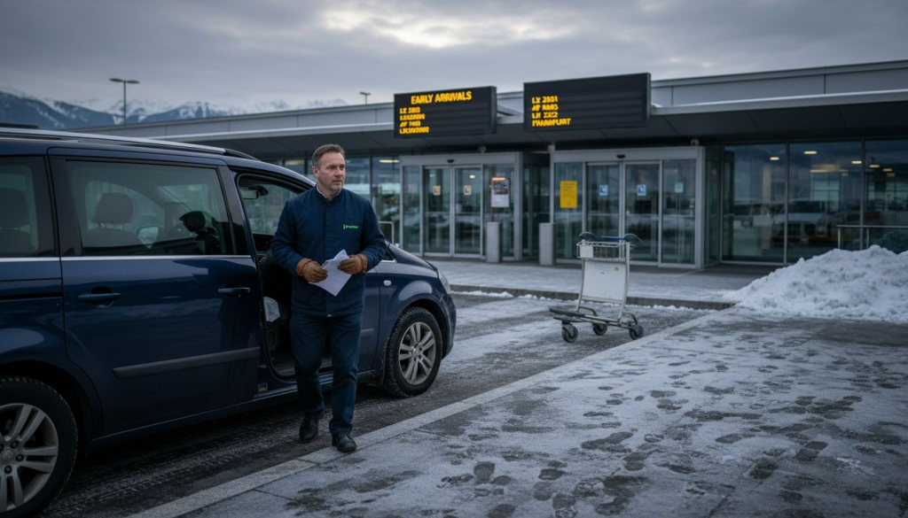 Driver unloading at snowy Alpine airport curb