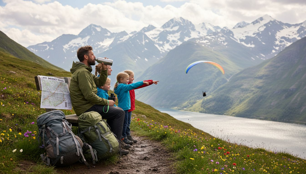 Family hiking in French Alps in summer