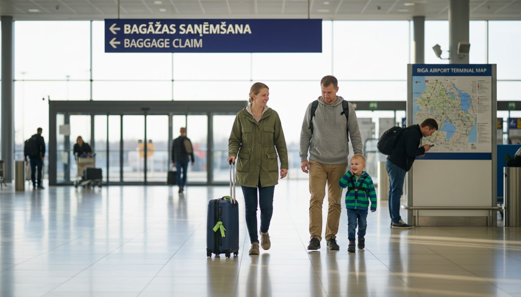 Family with luggage in Riga airport arrivals