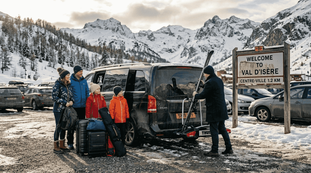 Family at Alps ski transfer vehicle in winter
