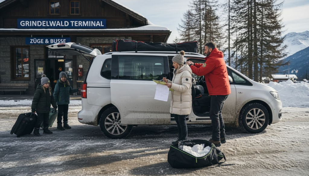 Family loads luggage for Alpine ski transfer