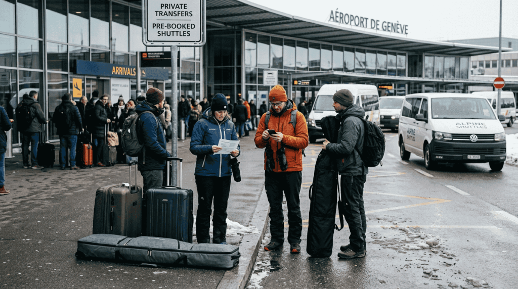 Travelers with luggage outside Geneva Airport arrivals