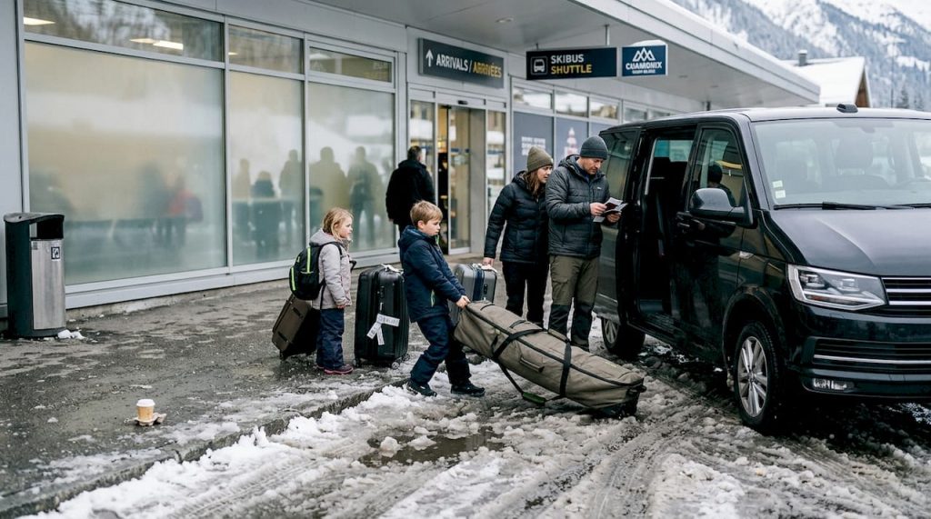 Family arriving for alpine airport transfer minibus