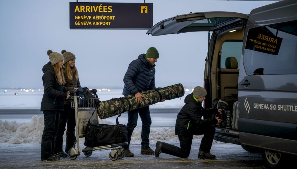 Family loading ski gear at snowy airport curb