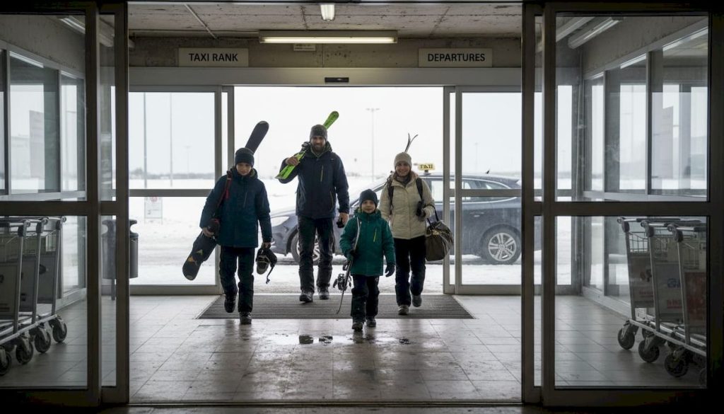 Family with skis leaves Baltic airport terminal