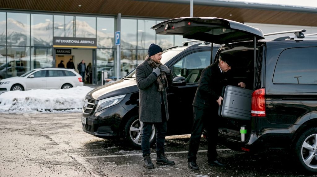 Traveller and driver with Alps airport transfer van
