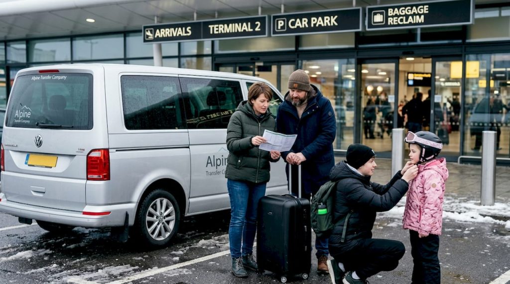 Family arriving at airport with Alpine transfer