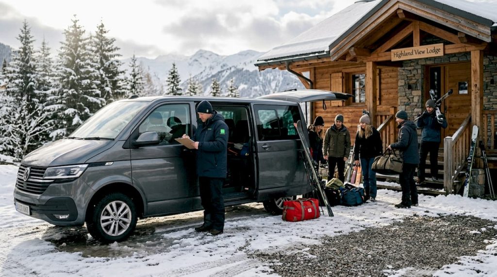 Van arrival at snowy Alps chalet