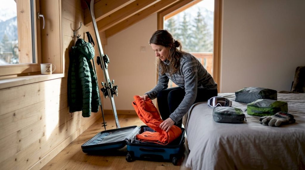 Dans la chambre boisée d’un chalet, une femme prépare sa valise en y rangeant ses affaires de ski.