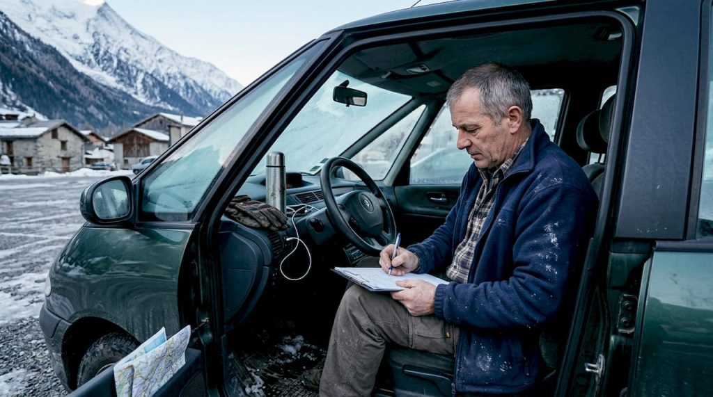 Un conducteur des Alpes s’affaire à préparer son minibus par un matin enneigé.