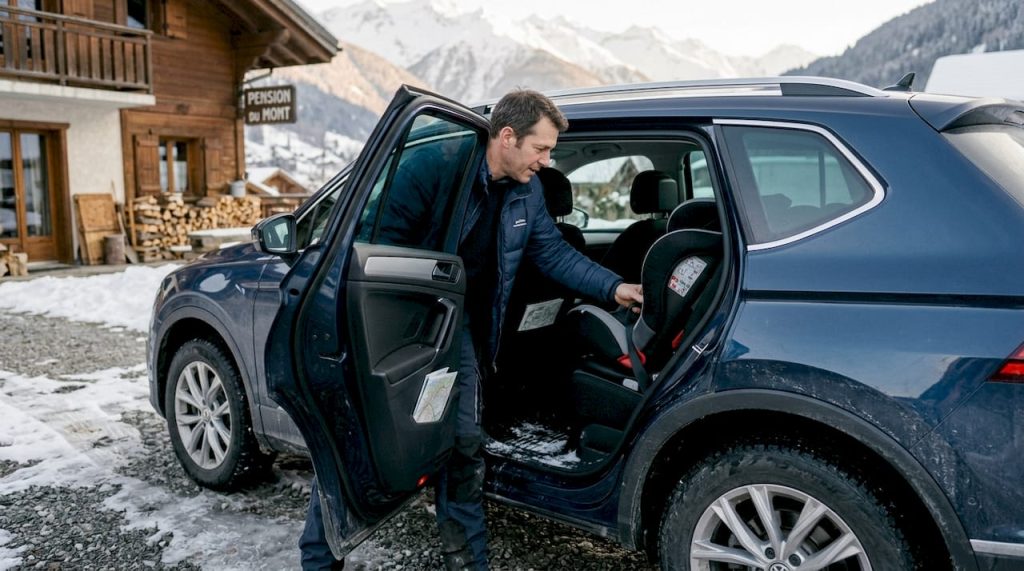 Un conducteur installe soigneusement un siège auto à l’arrière de son SUV, garé au cœur des Alpes enneigées.