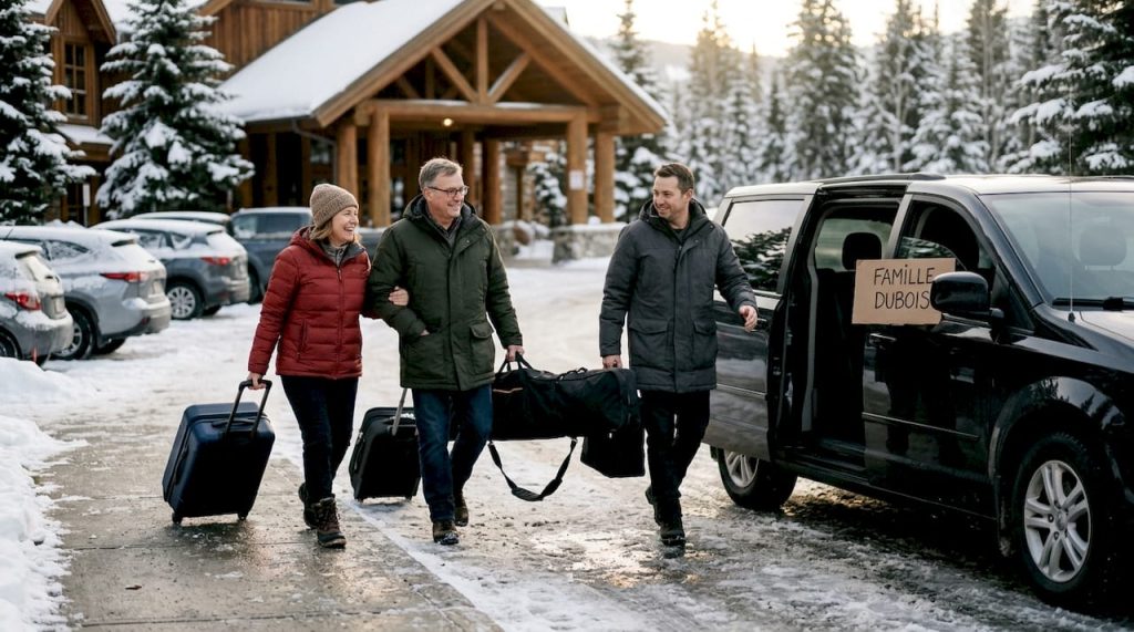 Un couple vient d’arriver pour profiter de leur transfert privé vers les pistes de ski.