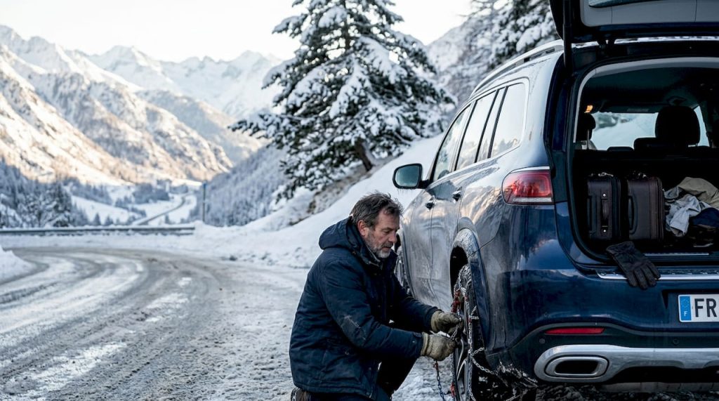 Un chauffeur s’assure que ses chaînes à neige sont bien installées avant de reprendre la route, au milieu des paysages enneigés des Alpes.