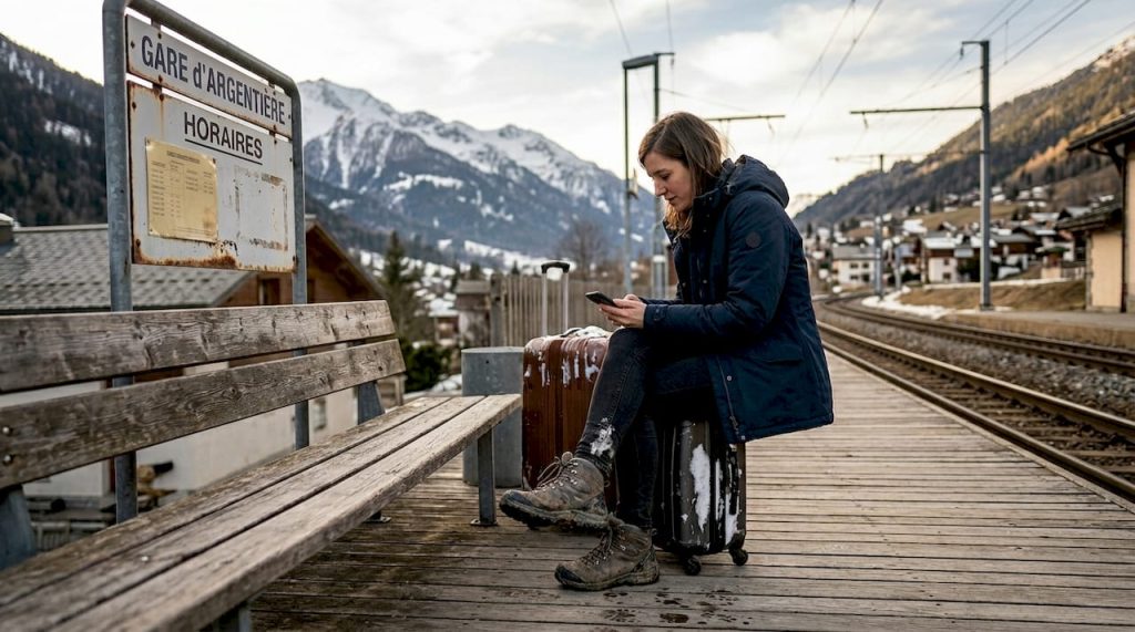 Un voyageur consulte ses correspondances à la gare, au cœur des Alpes.