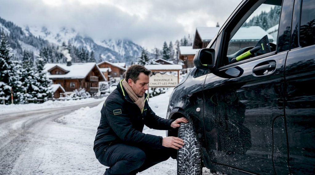 Avant d’entamer son trajet sur une route alpine recouverte de neige, le conducteur s’assure que ses pneus hiver sont en bon état.