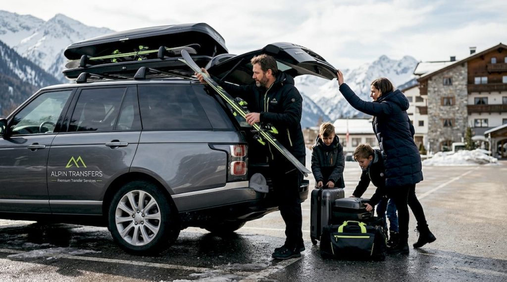Une famille s'apprête à charger les valises dans la voiture avant de partir direction les Alpes.