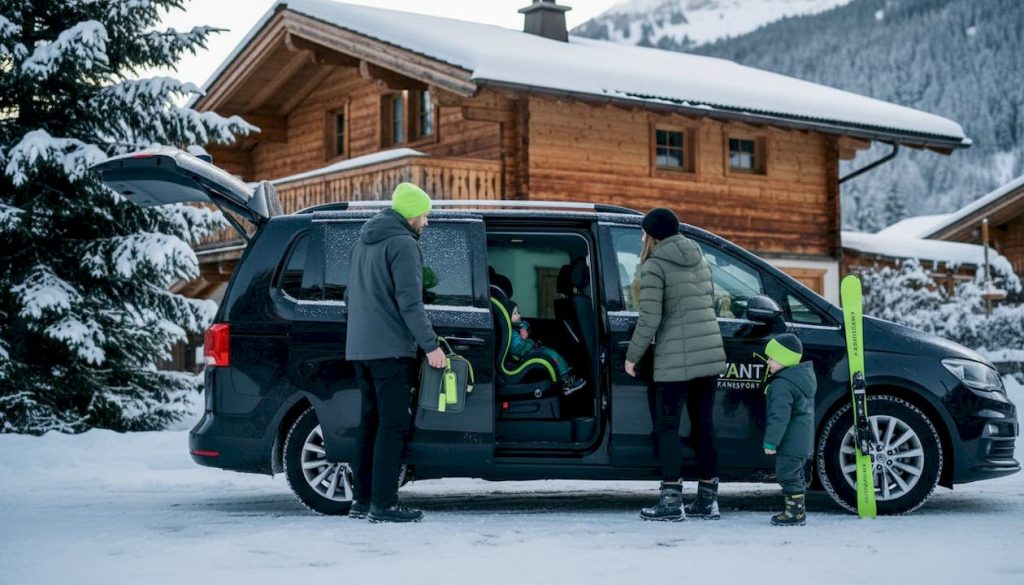 Une famille s'apprête à partir à l'aventure en montagne et range ses valises dans la voiture.