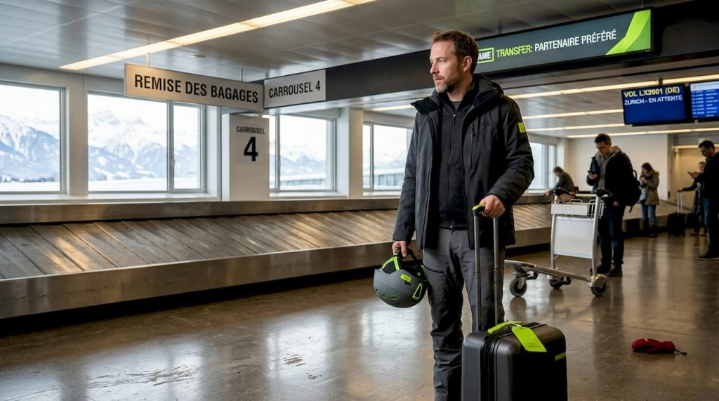 Skieur patientant devant le tapis à bagages, guettant l’arrivée de sa housse à l’aéroport.