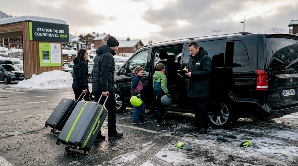 Une famille débarque au volant de leur van devant une station alpine enneigée, prête à profiter des joies de la montagne.