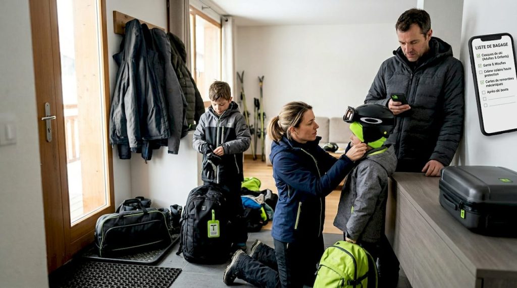 Une famille s’apprête à boucler ses valises avant de partir en vacances à la montagne pour une semaine de ski.