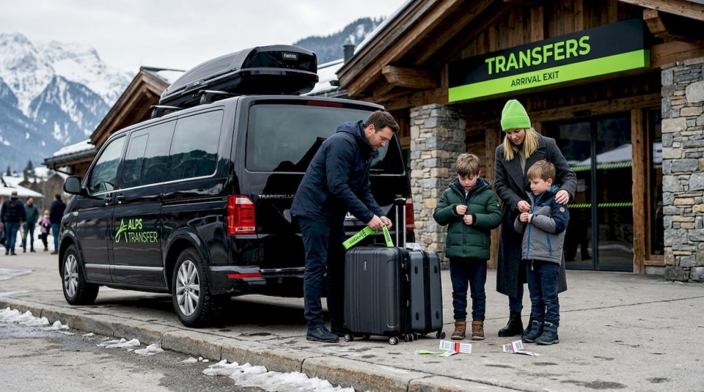Family meeting transfer van at Alpine airport