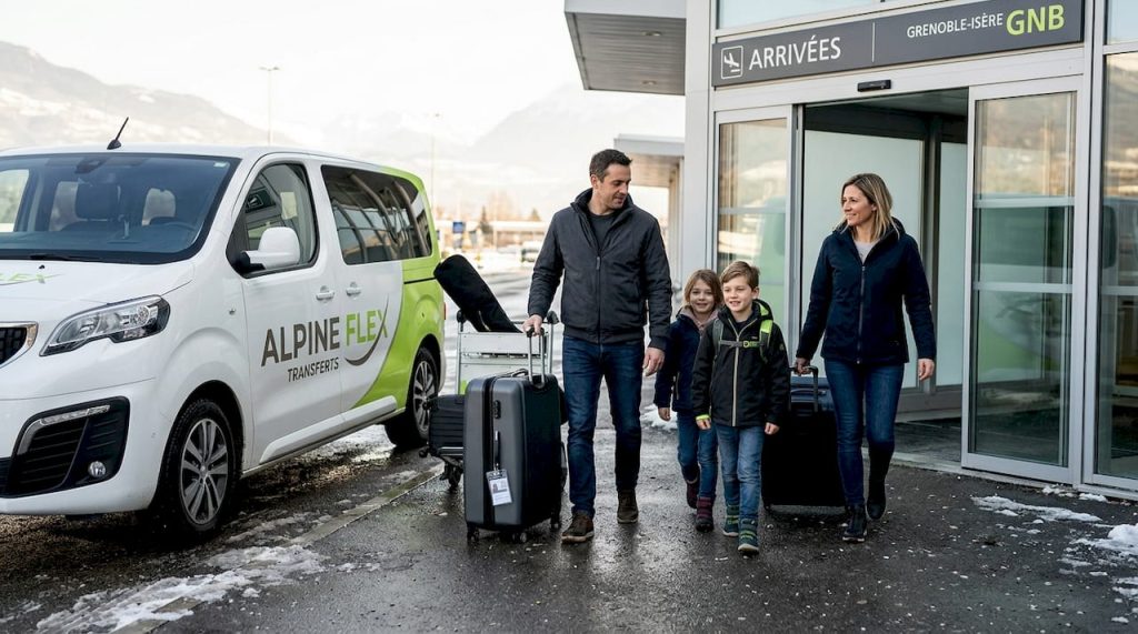 Une famille quitte l’aéroport, impatiente de partir en vacances à la montagne pour profiter des pistes de ski.