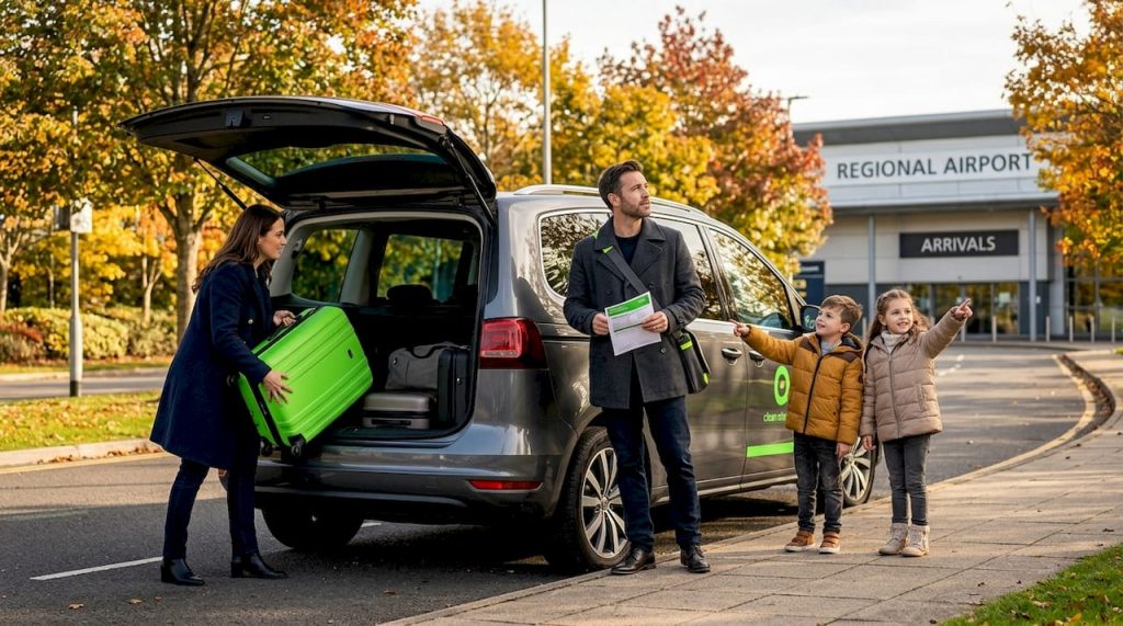 Family loading luggage into airport transfer van
