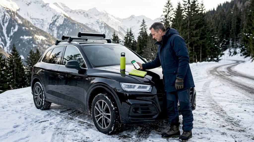 Un chauffeur consulte son itinéraire à côté d’un SUV, avec en toile de fond les majestueuses montagnes alpines.