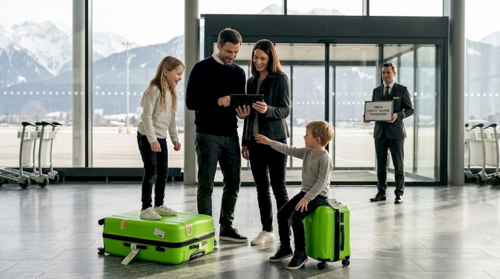 Family waiting for airport transfer in Alps terminal