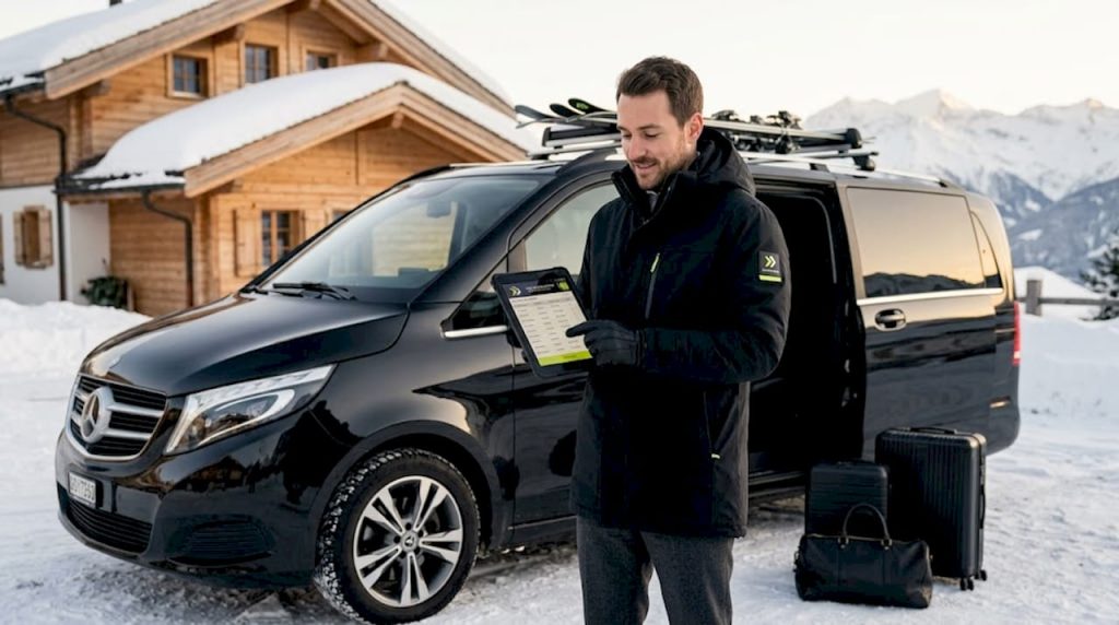 Un chauffeur passe en revue sa liste de vérification devant un van de luxe stationné dans un décor alpin.