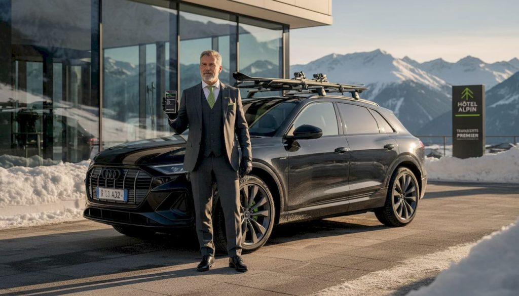 Service de chauffeur privé et SUV haut de gamme à votre disposition à l’hôtel en montagne.