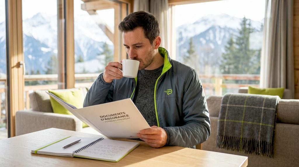 Installé à la table de son chalet, un homme passe en revue les garanties de son assurance montagne.