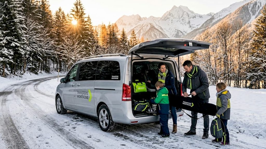 Une famille s’affaire à ranger ses skis dans le coffre de son van, sur une rue enneigée, prête à partir à l’aventure.