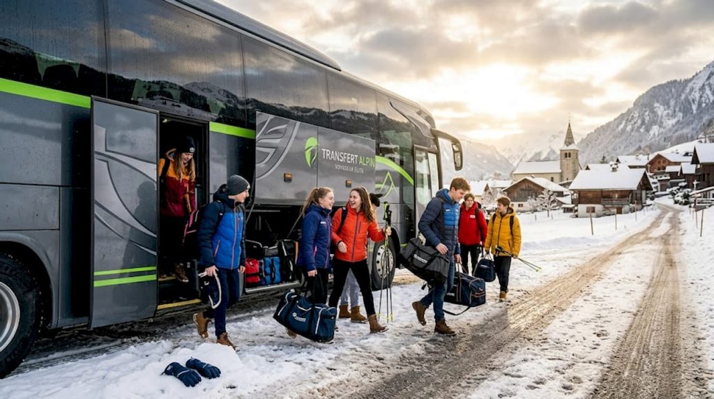 Des sportifs descendent du car et déchargent leurs sacs sous la neige, au cœur des Alpes.