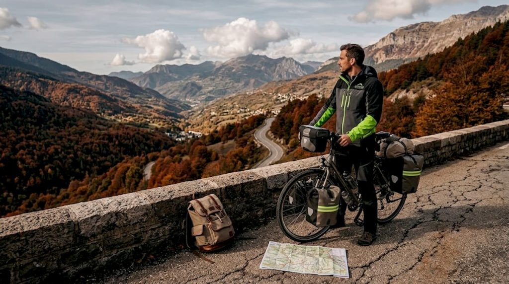 Un cycliste admire la vue spectaculaire sur une route sinueuse des Alpes.