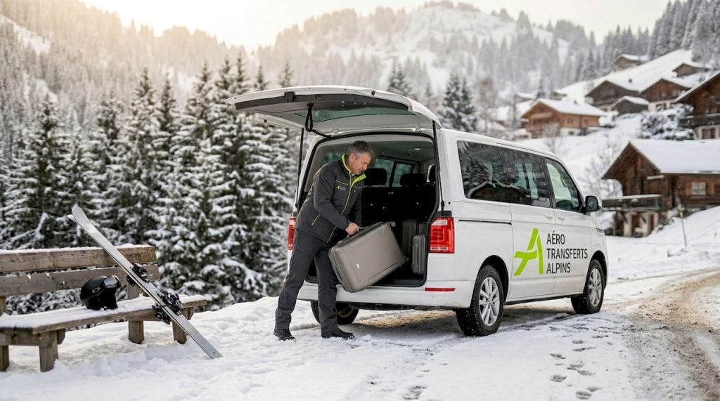 Un chauffeur charge les valises dans un minibus de transfert en station, alors que la neige tombe sur les montagnes.
