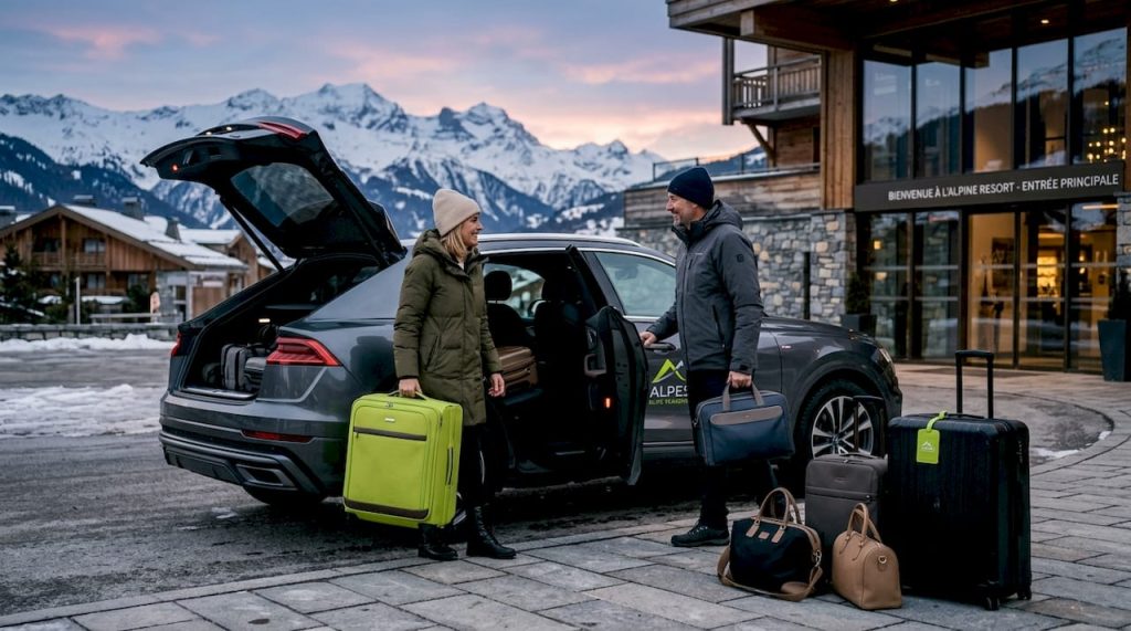 Un couple pose ses valises à la station de ski, prêt à profiter de l’air pur et des paysages enneigés des Alpes.