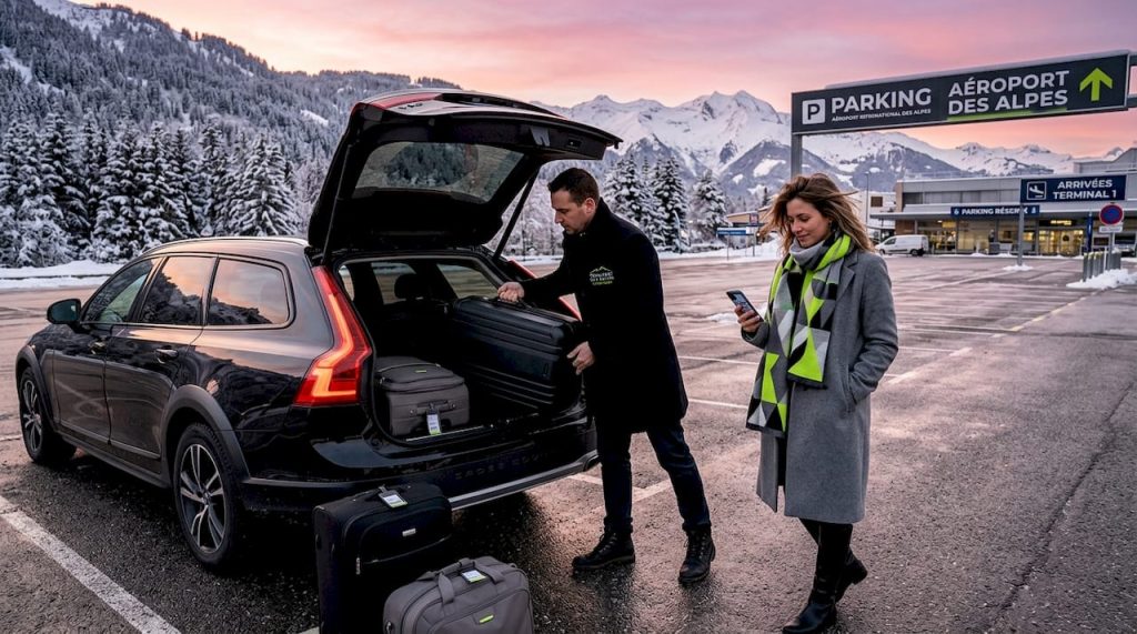Un chauffeur aide des voyageurs à charger leurs valises dans le coffre de la voiture, juste à côté d’un aéroport niché au cœur des Alpes.