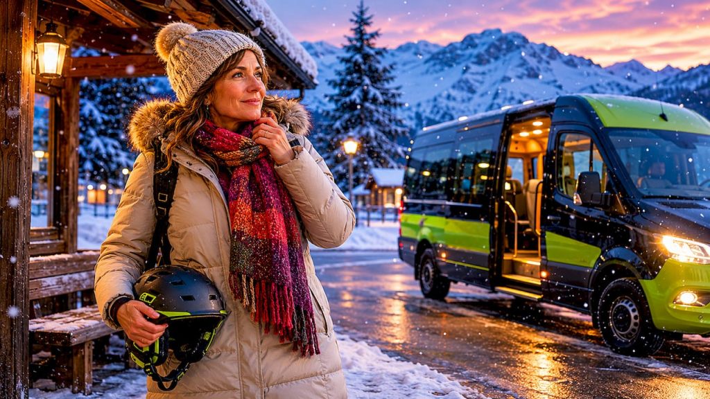 Une femme patiente à l’arrêt de la navette ski, au cœur d’un village de montagne.