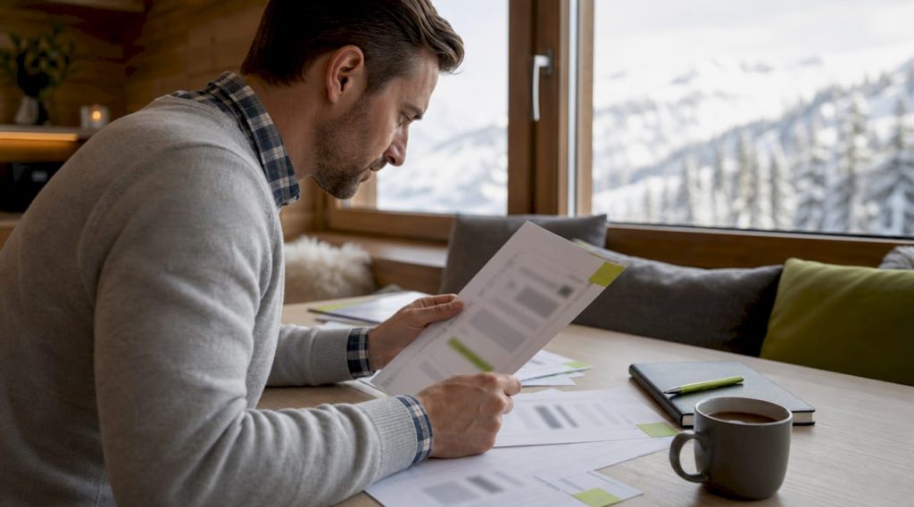 Installé dans un chalet, un homme consulte attentivement les consignes de cybersécurité.